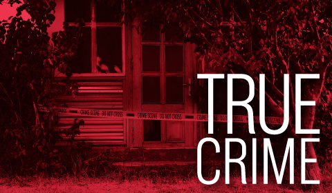 True crime banner with a house with crime scene do not cross tape 