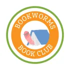 A green circle with an orange circle inside of it with a book and a worm in the center