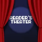 Red curtains with a soft glow of direct light aimed at "Reader's Theater"